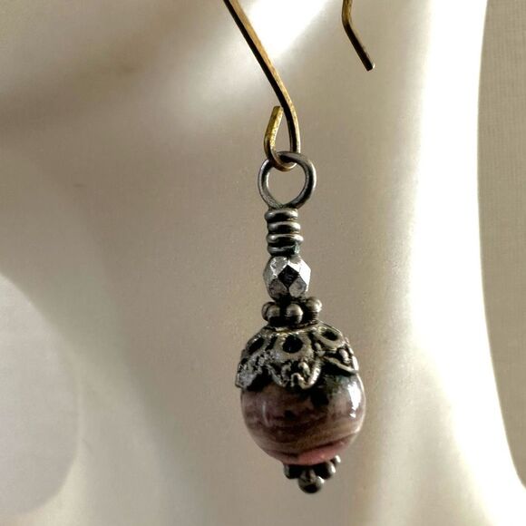 Rhodochrosite Beaded Dangle Earrings - Picture 5 of 9